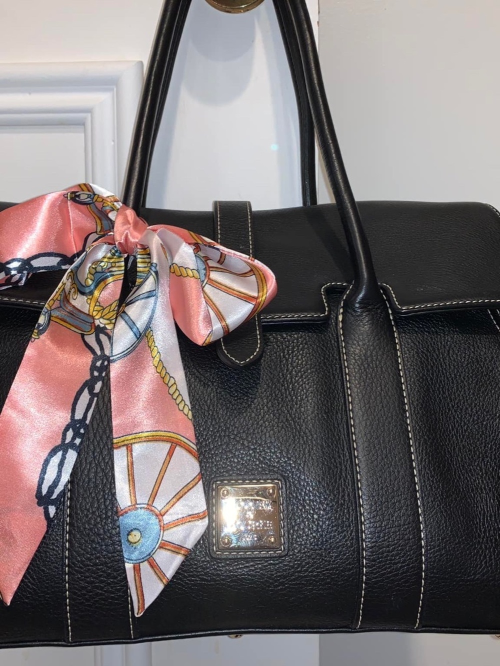 Dooney & Bourke Priscilla pebbled leather satchel with white contrast stitching
